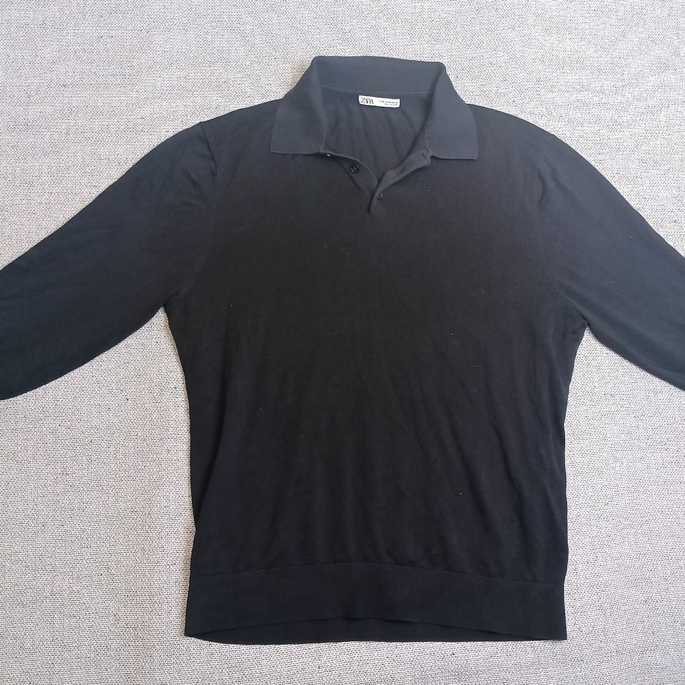 Zara Knit Polo Shirt Mens Medium Black Excellent Long Sleeve Collared Sweater